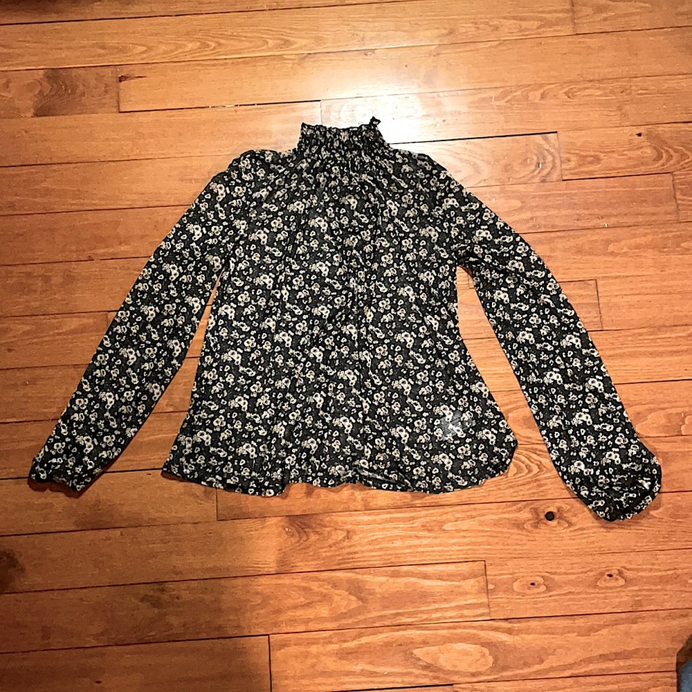 Mock Neck Sheer Floral Blouse